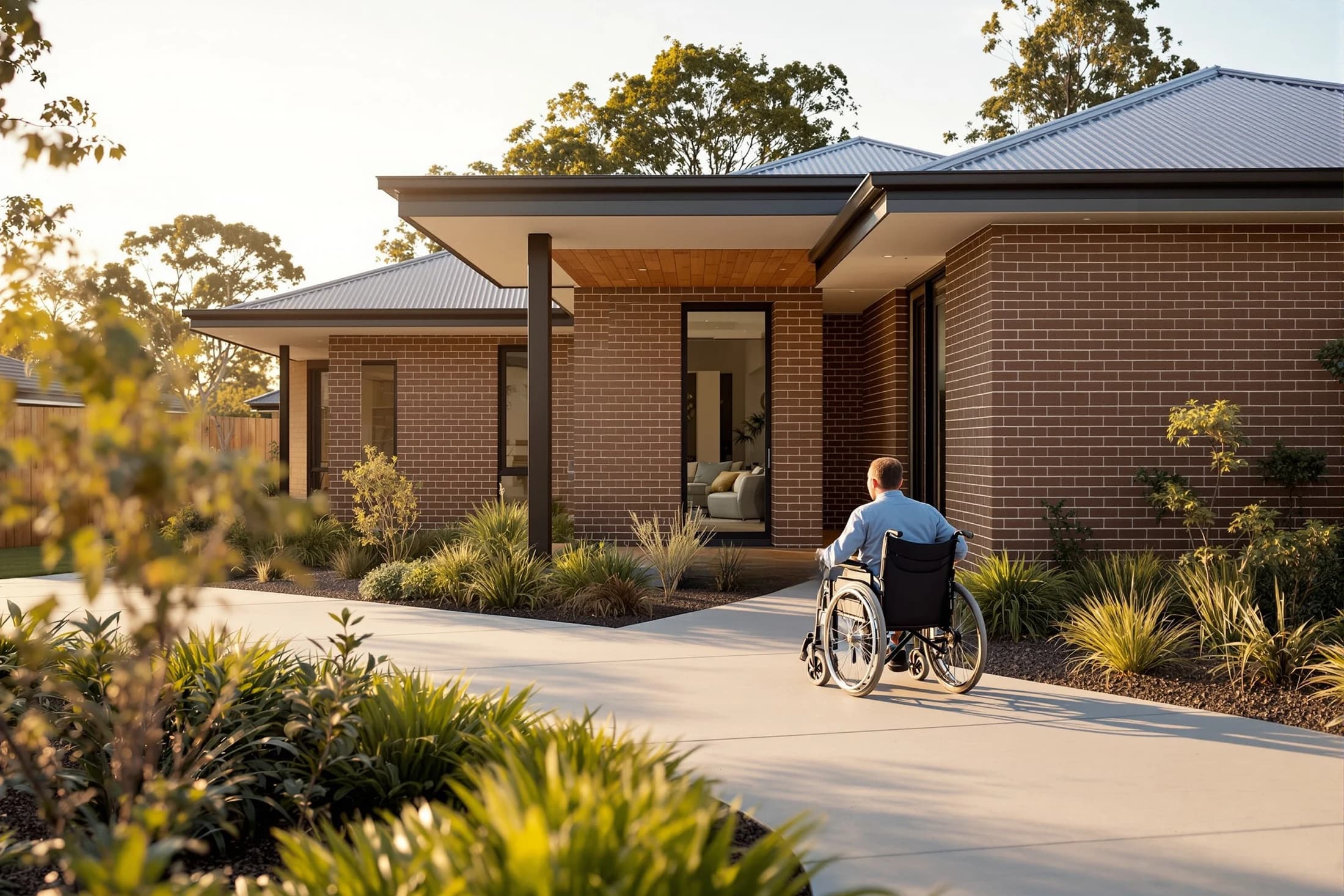 A resident arriving on a level path at a single-storey Made brick home at golden hour, accessible and dignified by design