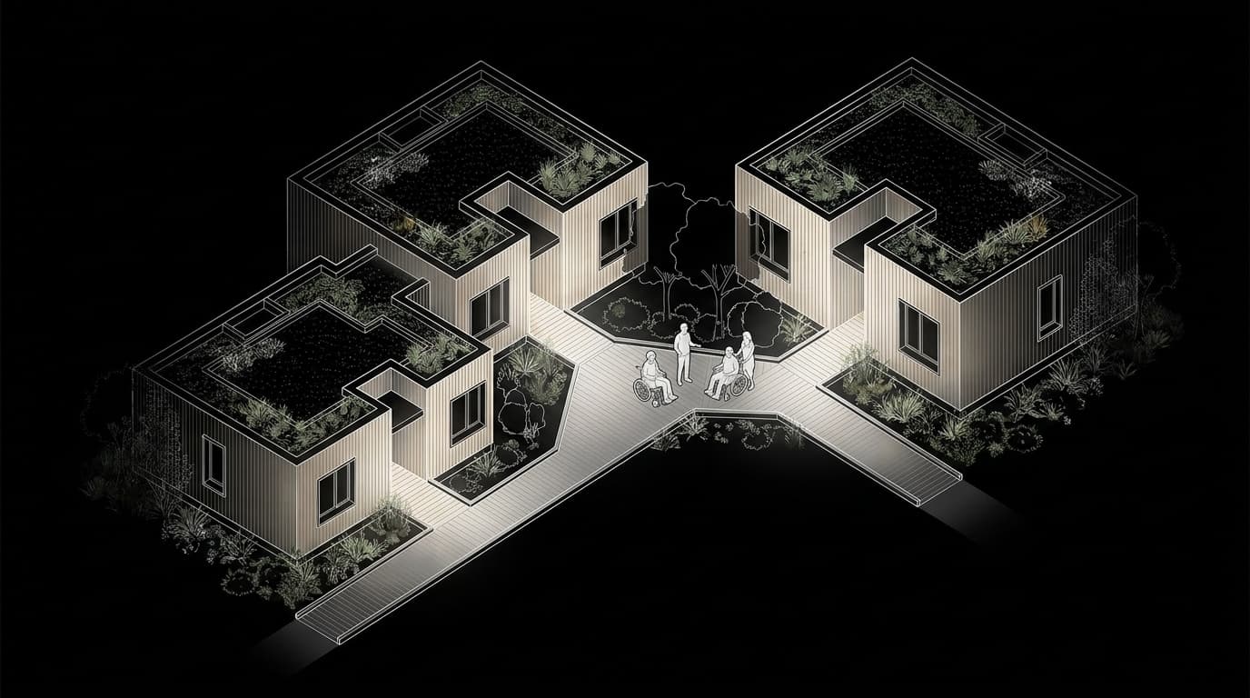 Isometric view of accessible Made dwellings on a shared site, compliant in every realm