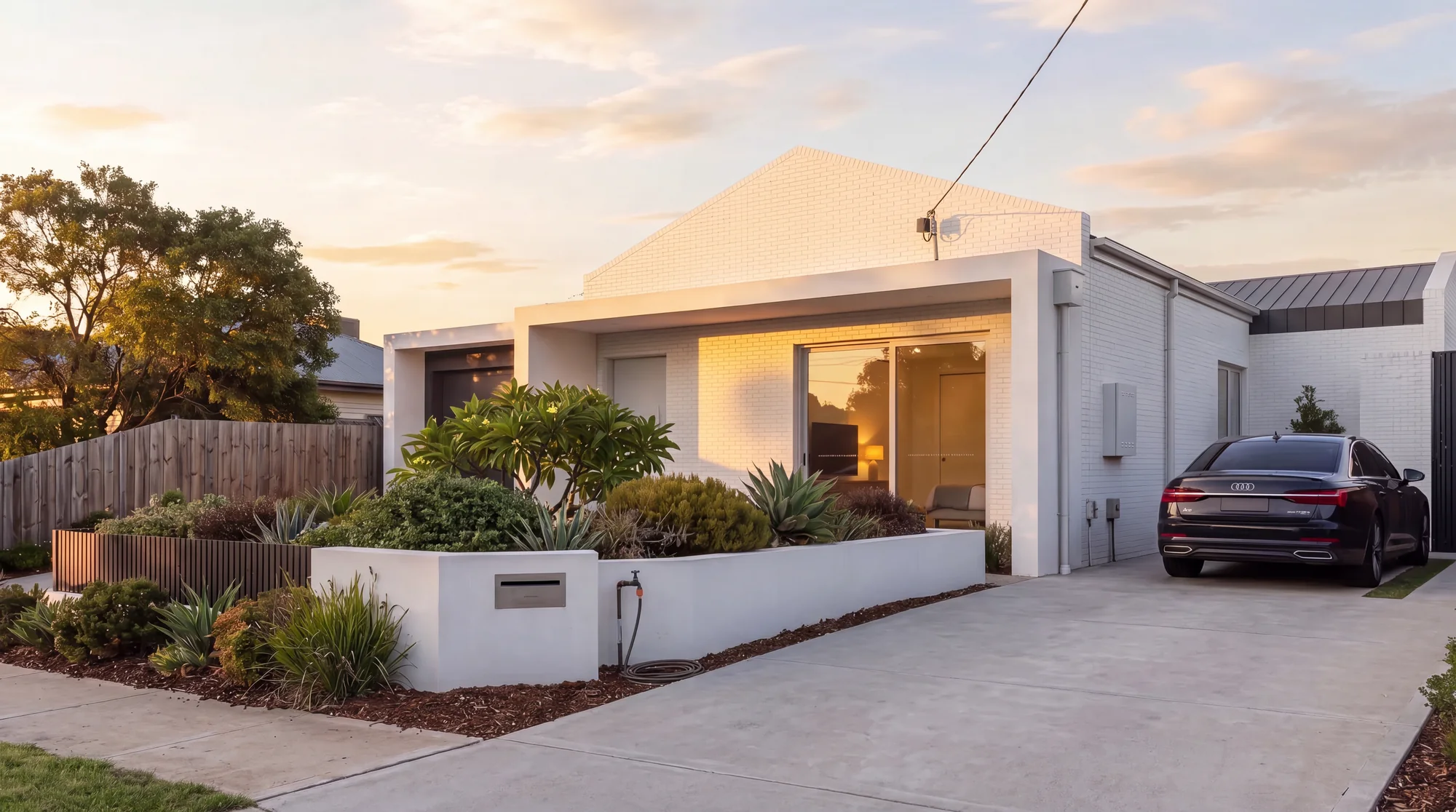 Made detached single-storey group homes in face brick with open carports behind a gated frontage, golden hour